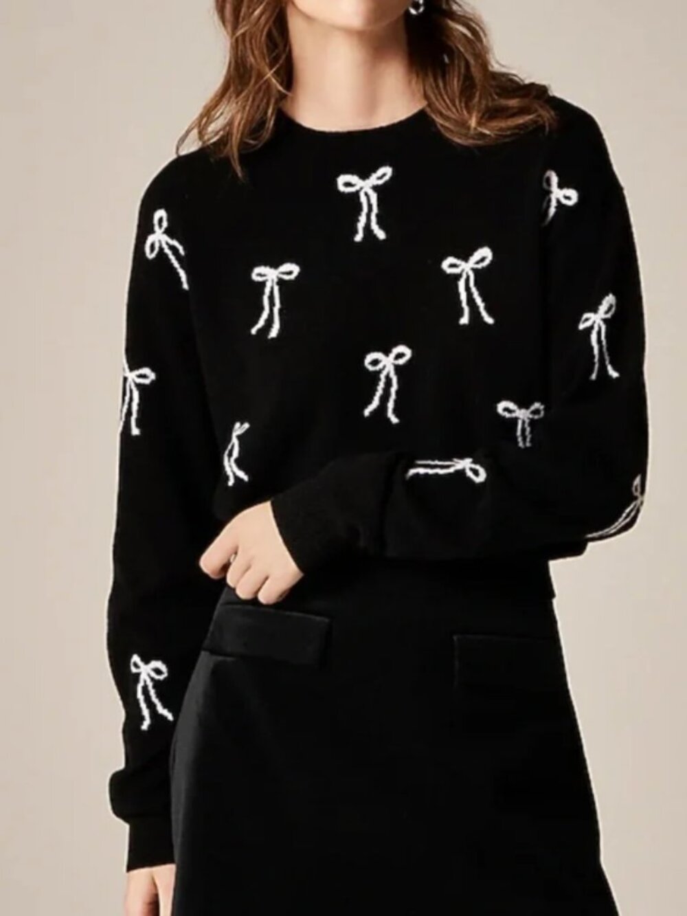 J. Crew Perfect 100% Cashmere Crew Sweater, Black, Bows, Size XXS